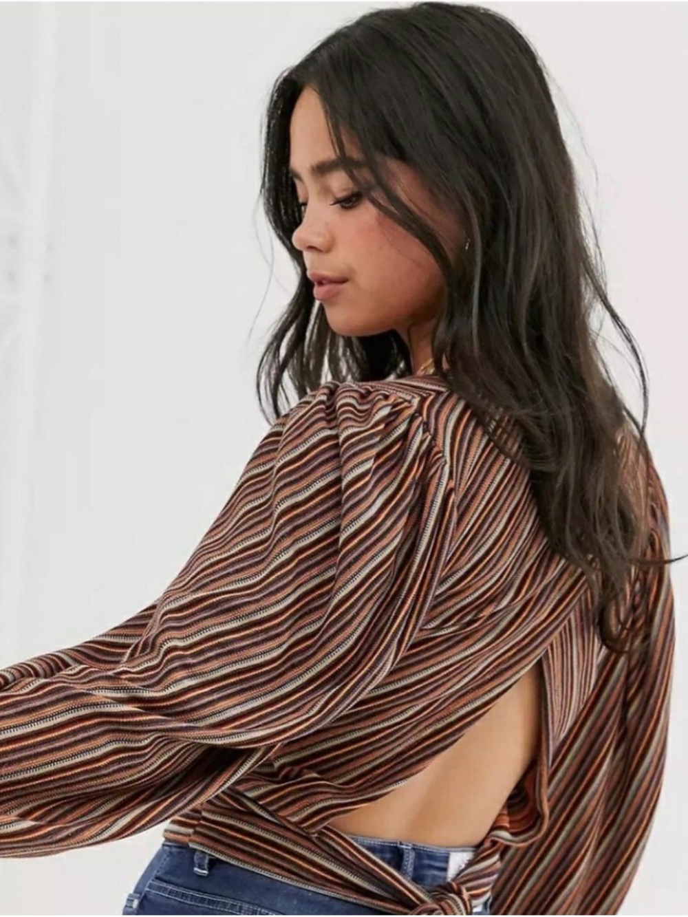 Free People Striped Open-Back Blouse in Brown and Rust - Picture 1 of 3